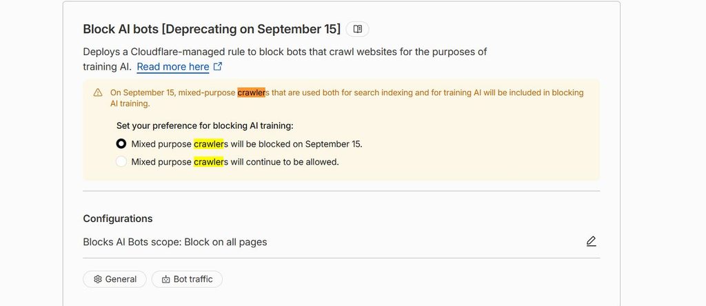 Cloudflare Block AI bots panel showing the September 15 deprecation notice and two mixed-purpose crawler radio buttons, with the blocking option selected by default
