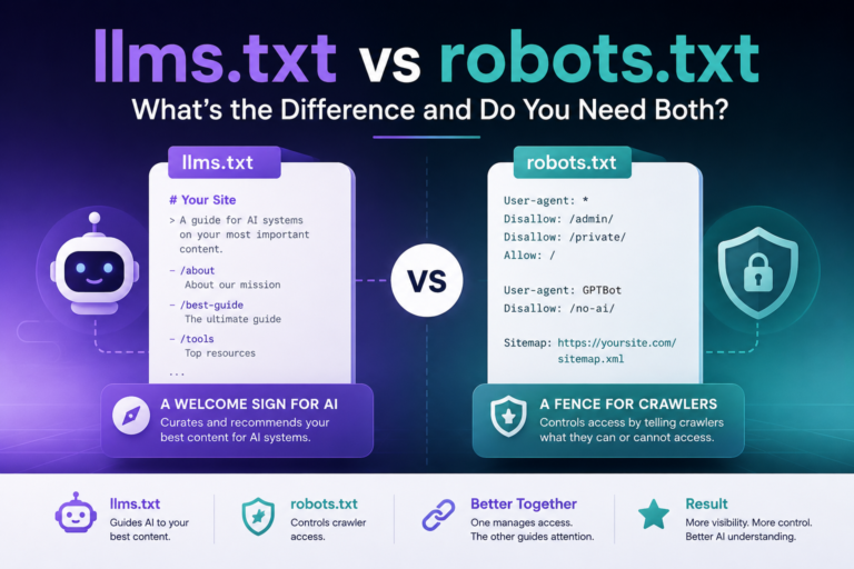 Visual comparison of llms.txt and robots.txt for AI visibility and crawler control