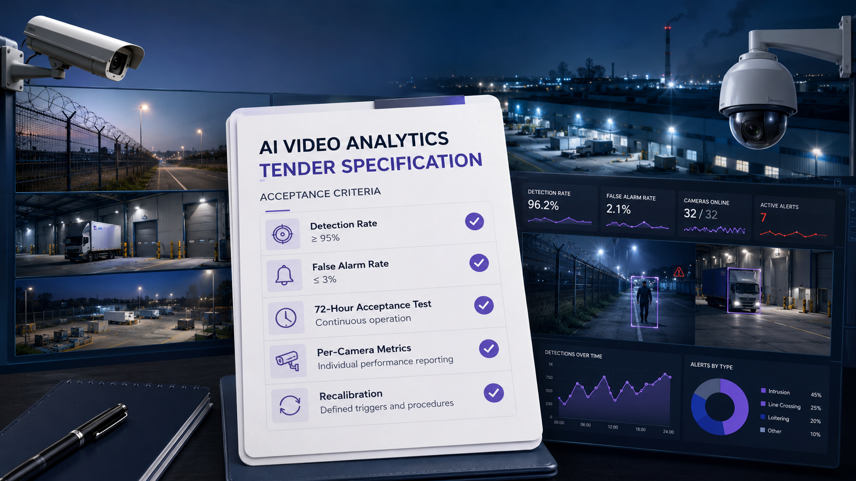 AI video analytics tender specification showing CCTV monitoring, detection rate, false alarm rate and acceptance criteria
